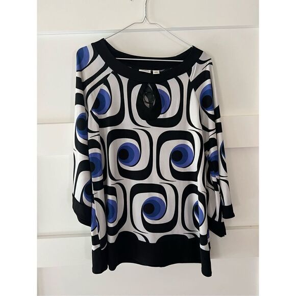 Vintage 90s Cato Black and white with blue geometric pattern blouse - Picture 1 of 2